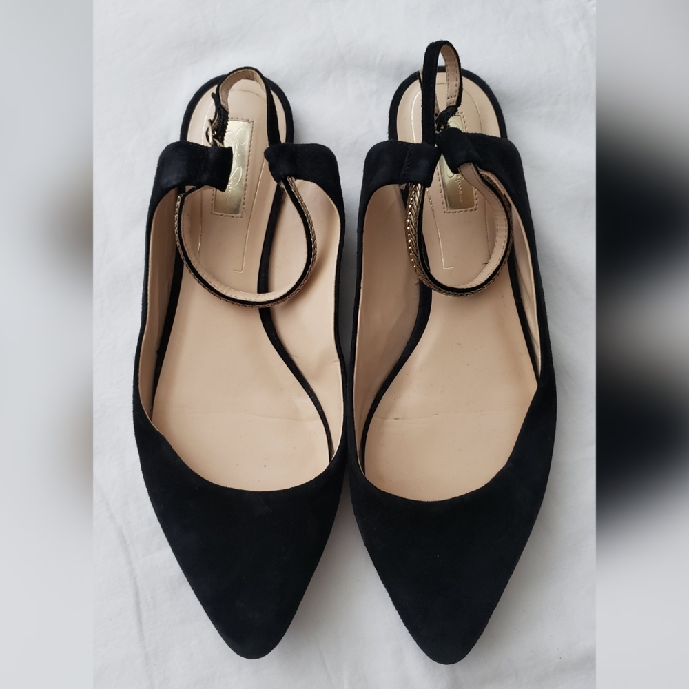 JS-SABRINA black gold pointy toe suede flats 10